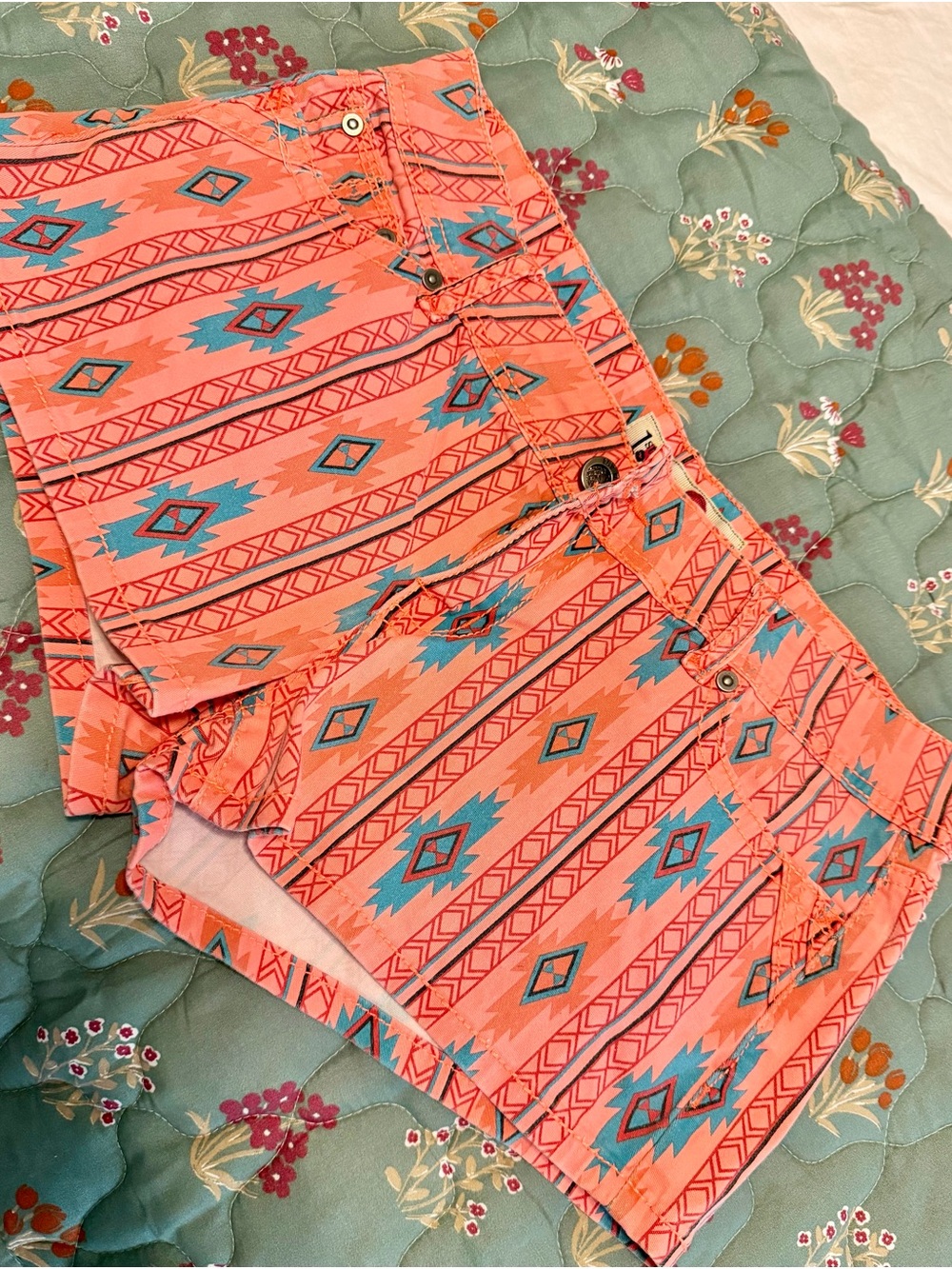 sundays Coral Aztec Print Jean Shorts with Turquoise Accents